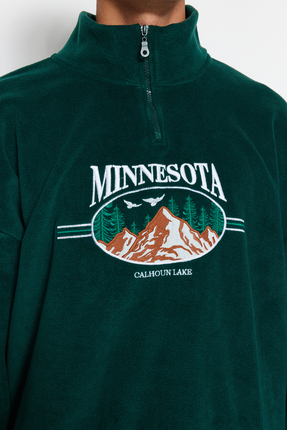 Zümrüt Yeşili Unisex Oversize/Geniş Kesim Dik Yaka Anti-pilling Polar Sweatshirt TMNAW24SW00034 Image 4