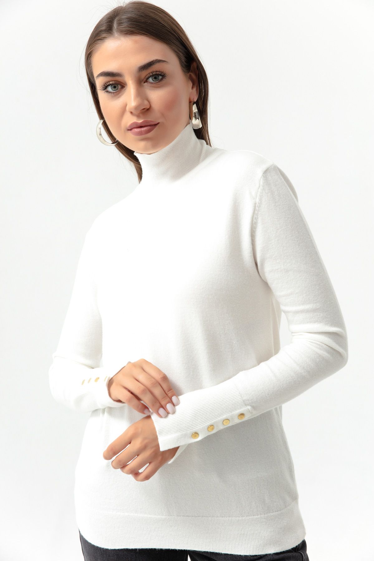 Lafaba Women s White Turtleneck Gold Button Detailed Knitwear