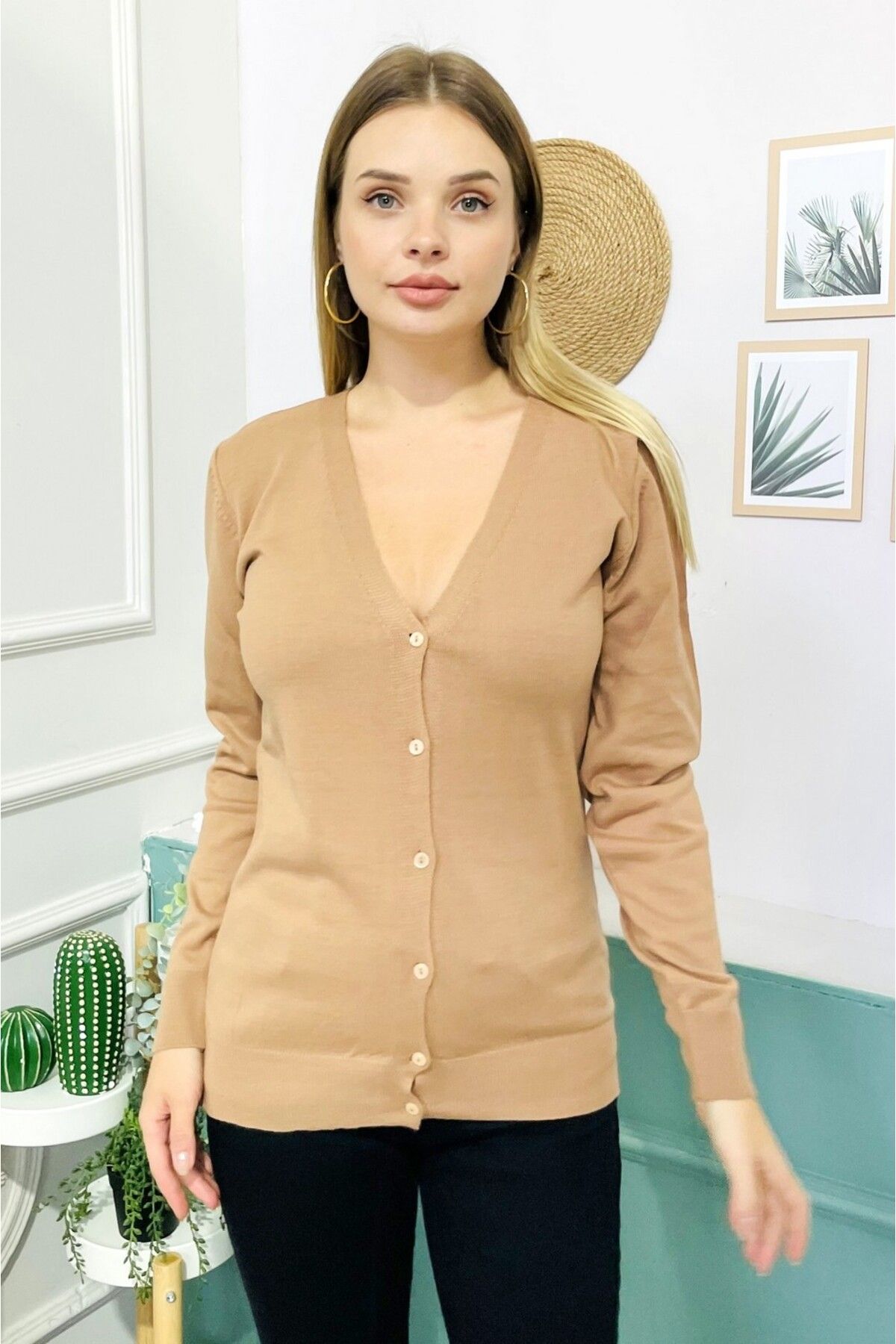 Camel v sale neck cardigan