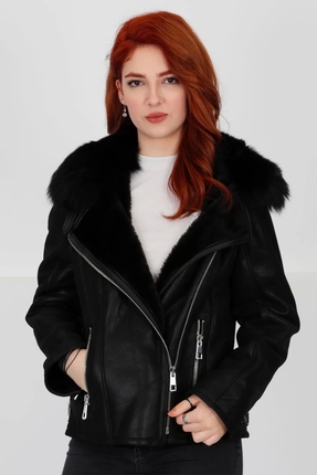 Siyah Hakiki Deri Mont, Özel Kürklü Yaka, Içi Kürklü, Gümüş Fermuar Detaylı - 103222 Image 3