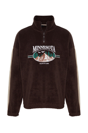 Kahverengi Unisex Oversize/Geniş Kesim Dik Yaka Anti-pilling Polar Sweatshirt TMNAW24SW00034 Image 7