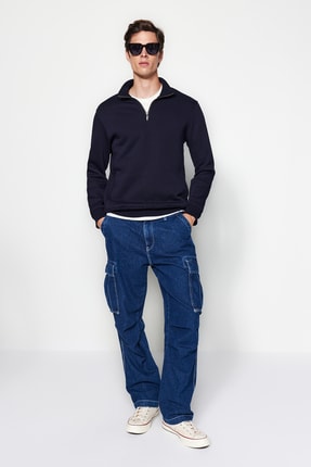 Lacivert Regular/Normal Kesim Dik Yaka Fermuarlı Pamuklu İçi Polarlı Sweatshirt TMNAW24SW00041 Image 4