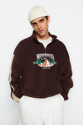 Kahverengi Unisex Oversize/Geniş Kesim Dik Yaka Anti-pilling Polar Sweatshirt TMNAW24SW00034 Image 5