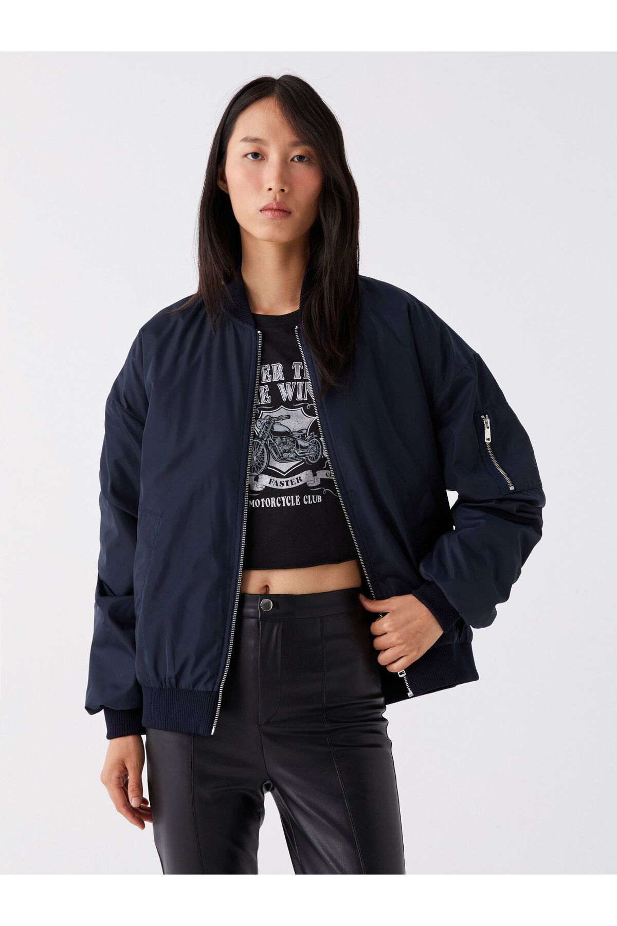 Dark blue bomber jacket womens sale