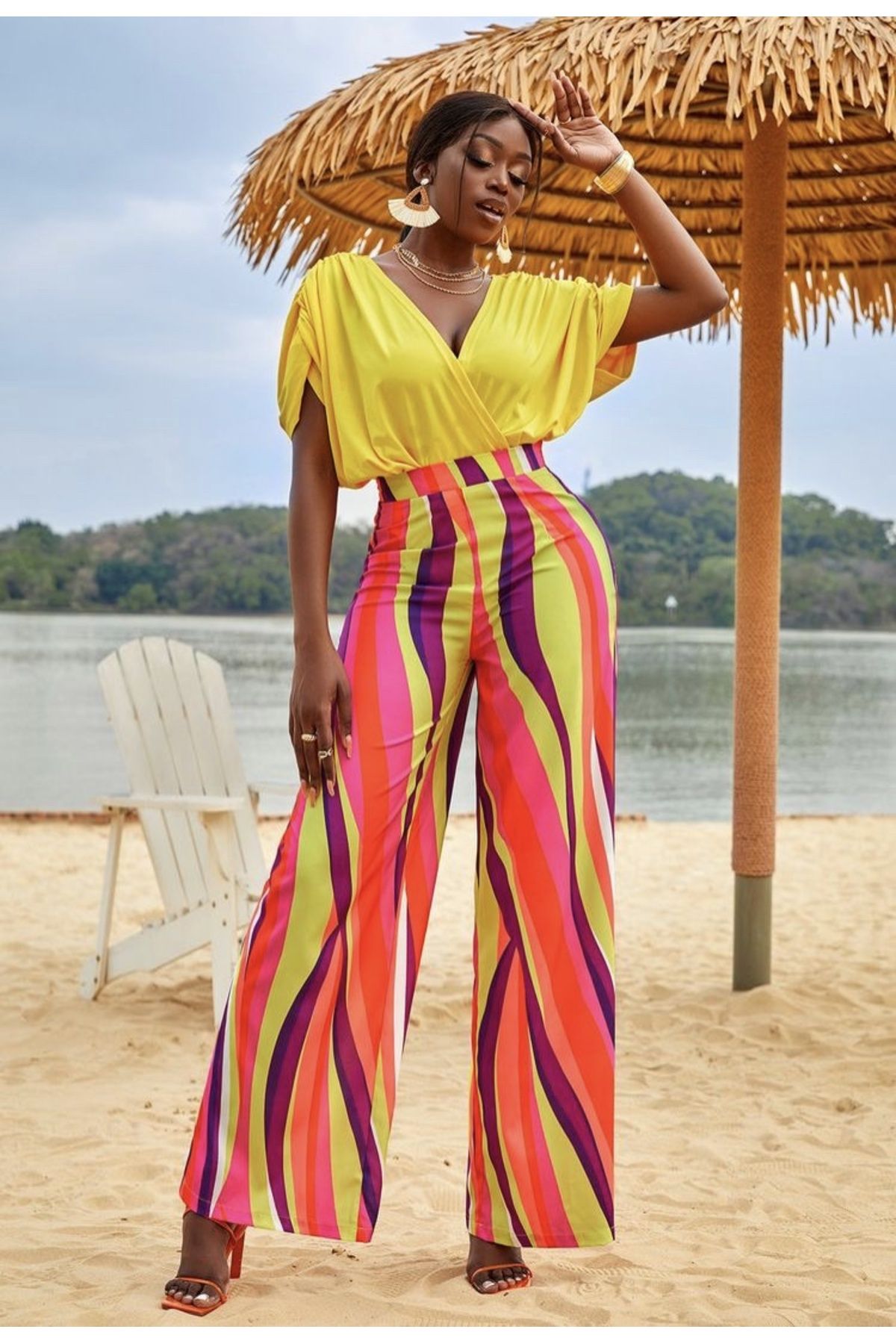 Striped palazzo jumpsuit clearance
