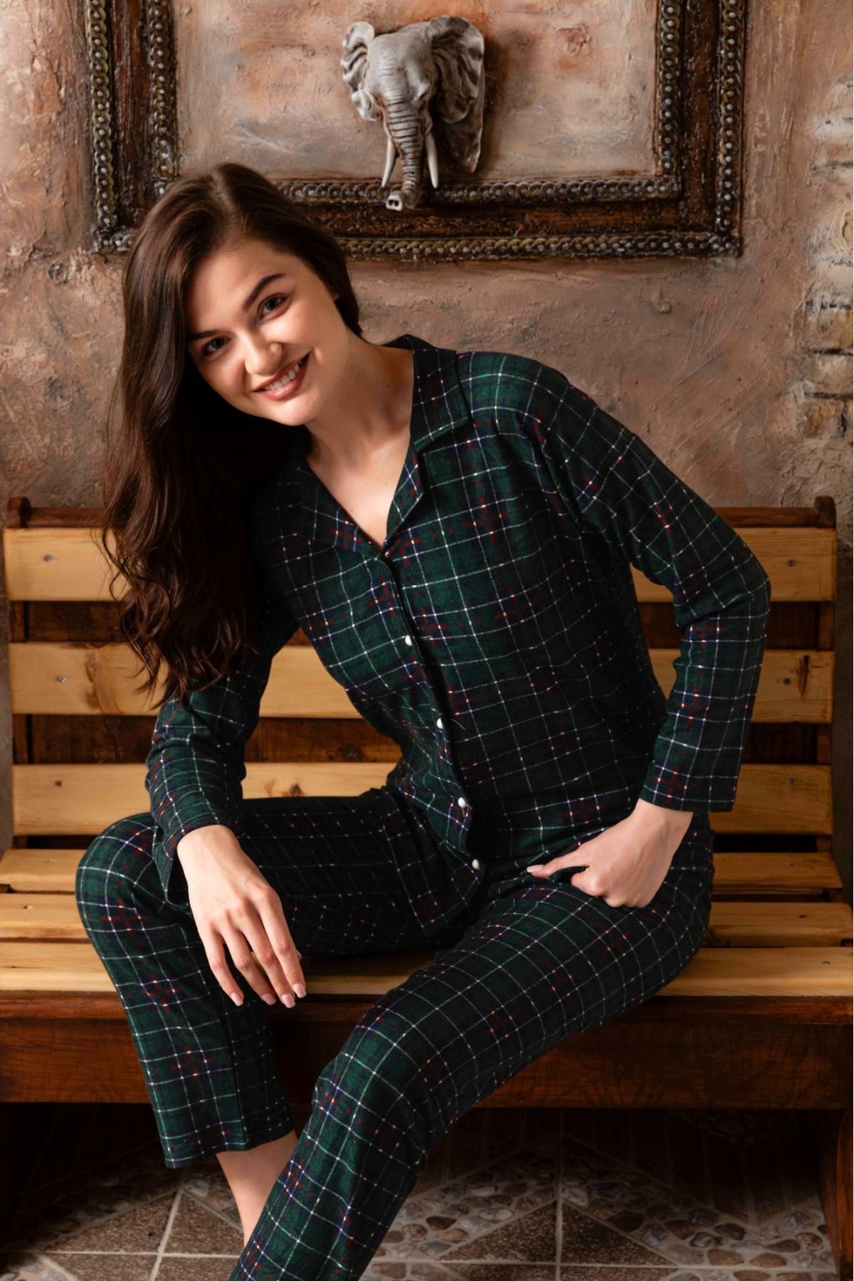 Sude HOMEWEAR Women s Green Checkered Shirt Suede Pajama