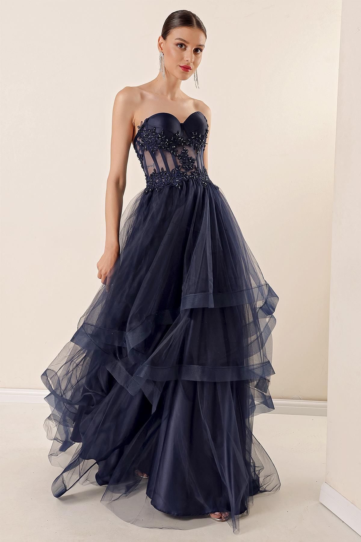 By Sayg Beaded Embroidered Transparent Layered Tulle Taffeta Long