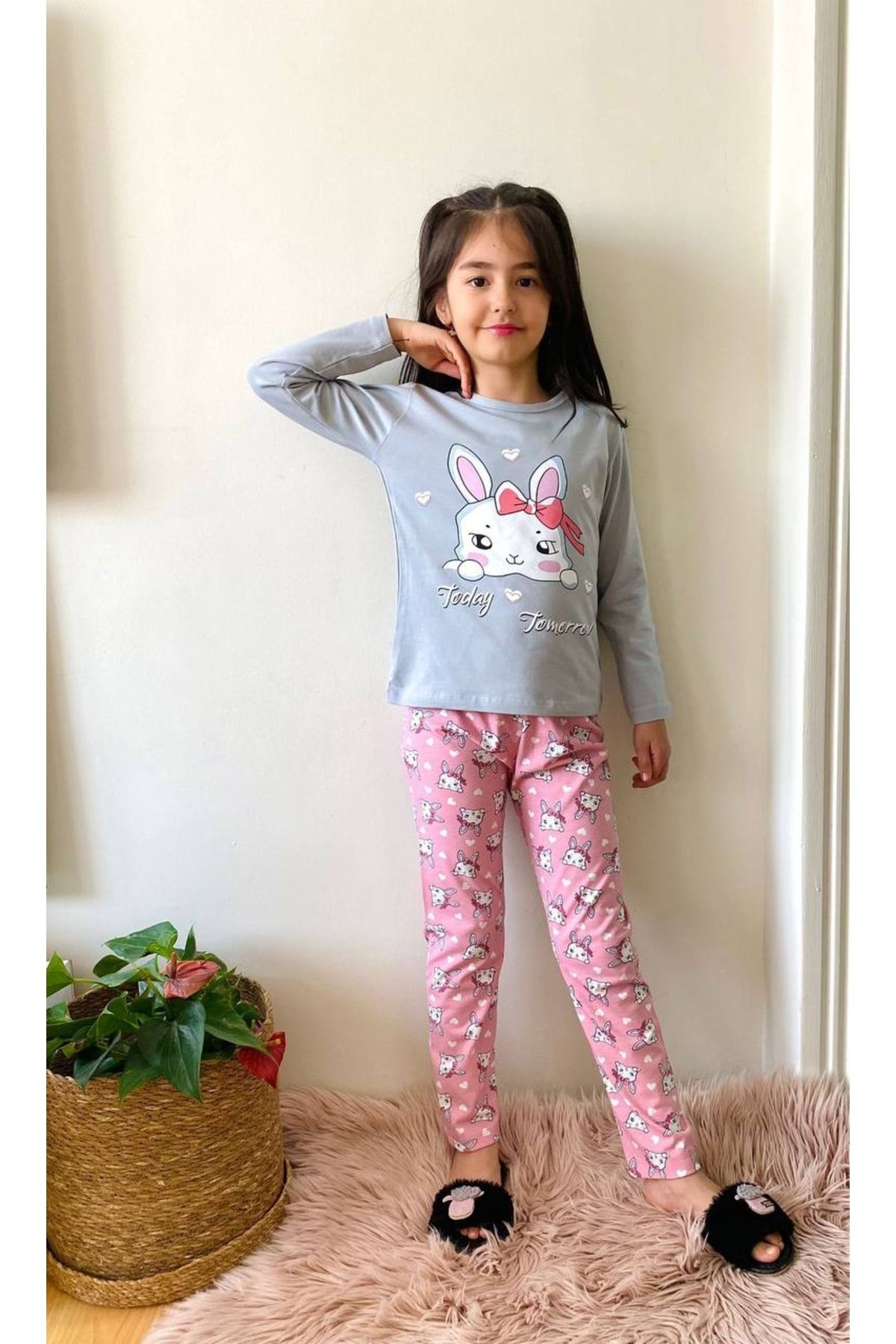 Cans n Mini Gray Bow Cat Eye Patch Girls Pajama Set 16336 Trendyol
