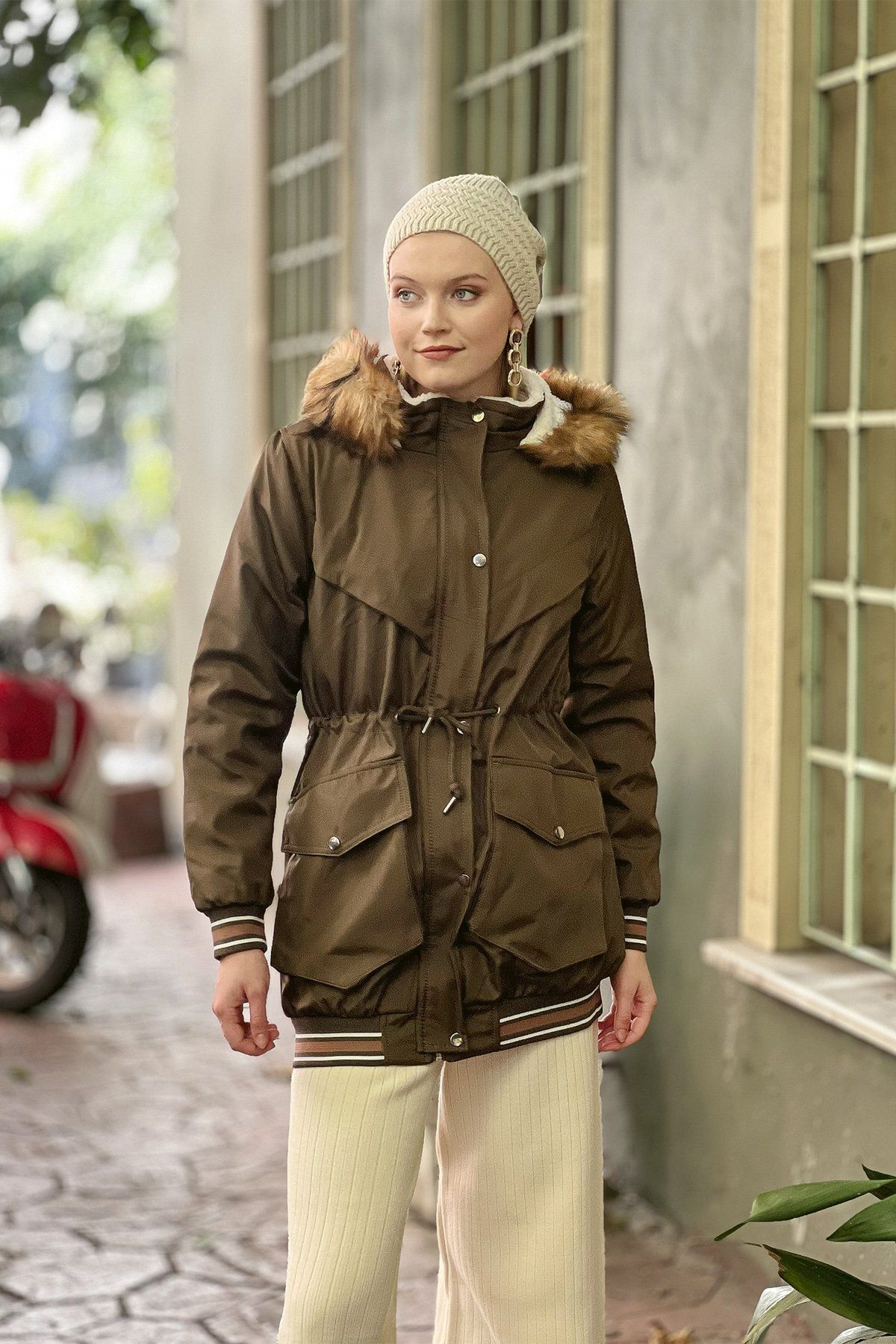 HAKKE Women s Skirt Sleeve Striped Coat with Bag Pocket Trendyol