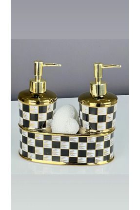 Lüx Porselen Damalı 2 Li Sıvı Sabunluk & Deterjanlık Mutfak Seti