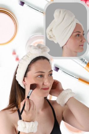 Soft Saç Bandı Bileklik Makyaj Uygulama Seti ve Mikrofiber Saç Kurulama Havlusu Krem