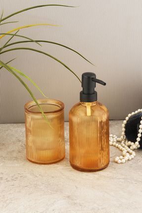 Angdesign Mira Cam 2'li Banyo Seti-Cam Sıvı sabunluk ve Cam Diş Fırçalık Bal