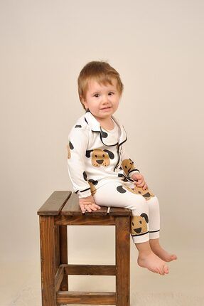 Bebek Çocuk Yumusak Pamuklu Köpek Cepli Ahsap Dügmeli Ceket Yaka Siyah Biyeli Pijama Takimi 14734