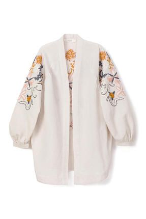 Nakışlı Keten Kimono Ceket