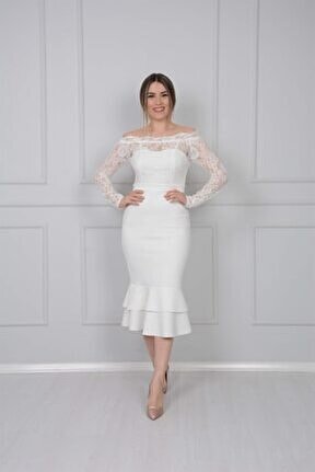 Üst Güpür Alt Scuba Eteği Volanlı Elbise - Beyaz