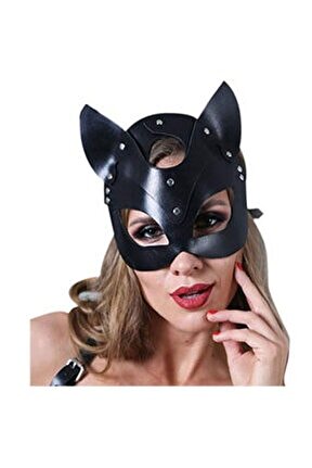 Siyah Cat Girl Fantezi Deri Kedi Kız Maskesi + Masaj Yağı