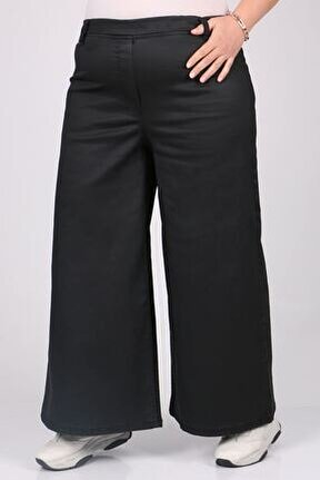 9142-2 Büyük Beden Mat Deri Görünümlü Bol Paça Kot Pantolon - Siyah