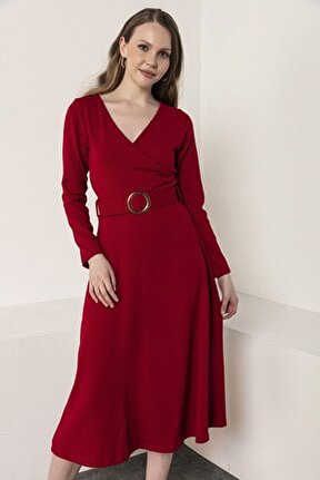 Kadın Kırmızı Kruvaze Yaka Kaplama Kemerli Akrilik Elbise