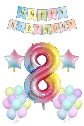 Gökkuşağı Konsepti 8 Yaş Doğum Günü Parti Kutlama Seti; Rakam Ve Yıldız Folyo, Banner Ve Makaron Bal
