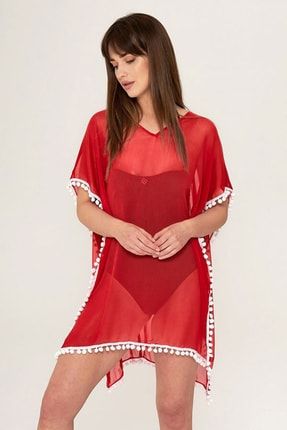 Kırmızı Pareo Ponponlu Plaj Elbisesi