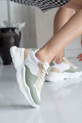 Kadın Beyaz Yeşil Günlük Sneakers 5 Cm Taban