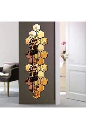 Bal Peteği Gold Dekoratif Altıgen 12x Süs Akrilik Ayna 7,5x8,5cm Antre Duvar Pleksi Yapışkan Bantlı