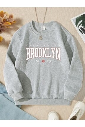 Gri Brooklyn Baskılı Kız/erkek Sweatshirt