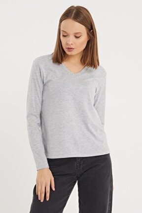 V Yaka Kadın Uzun Kollu T-shirt