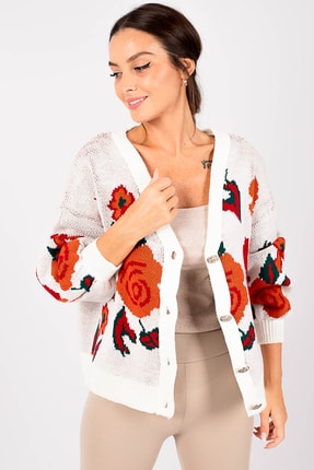 Kadın Beyaz &Ccedil;i&ccedil;ek Desen Oversize D&uuml;ğmeli Hırka Arm-22Y124064