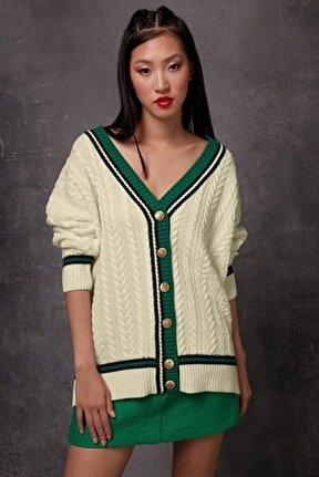 Ekru Kolej Model V Yaka &Ouml;rg&uuml; Desenli Triko Hırka Swc4541ek