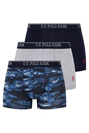 Erkek Gri Melanj - Lacivert 3 L&uuml; Boxer