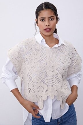 Ekru Kolsuz Crochet Triko Crop Swk4555ek