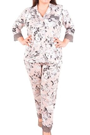 Ekru Kadın Pijama Takımı 3/4 Kol D&uuml;ğmeli B&uuml;y&uuml;k Beden