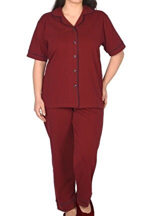 Bordo Kadın Pijama Takımı D&uuml;ğmeli Kısa Kollu B&uuml;y&uuml;k Beden Cepli Likralı