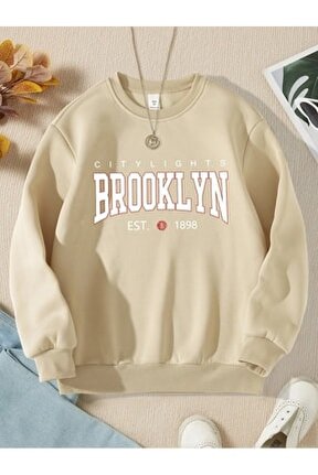 Bej Brooklyn Baskılı Sweatshirt