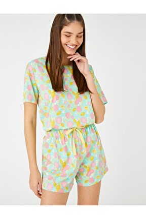 Şortlu Pijama Takımı Kısa Kollu Desenli Beli Lastikli