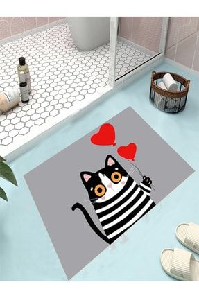 Sevimli Kedi Banyo Paspası, Kalpli Paspas, Kaymaz Taban, Klozet Takımı, Dekoratif Paspas, 60x100 Cm