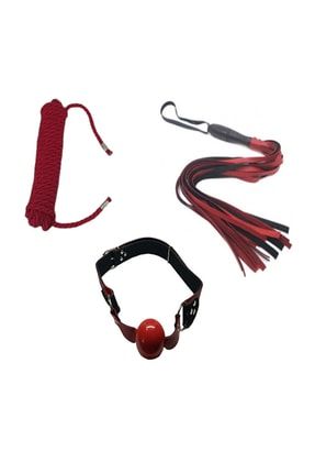 Kırmızı Fantazi Kırbaç Fantezi Deri Ağız Topu Fantezi Bağlama Ipi + Erotik Masaj Yağı