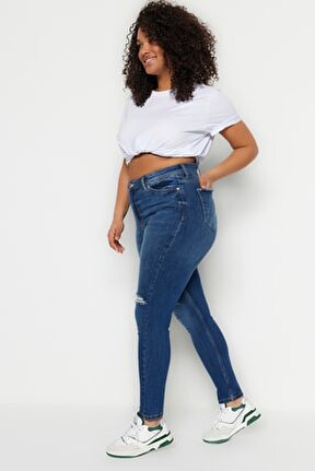 Koyu Mavi Y&uuml;ksek Bel Destroy Detaylı Esnek Skinny Jeans TBBSS23CJ00014