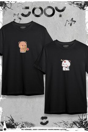 Sevgili Ayıcık Baskılı Çift Kombini Siyah Oversize Tshirt 2'li Set