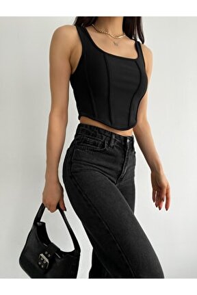 Siyah Kare Yaka Korse Görünümlü Fitilli Kadın Crop Bluz