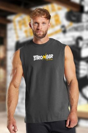 Erkek Stronger Baskılı Füme Oversize Bisiklet Yaka Pamuklu Kolsuz T-Shirt/Atlet