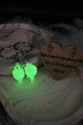 Karanlıkta Parlayan Ateş ve Su Çift Neon 2 Adet Anahtarlık (Kalp Ahşap Hediye Yazılı Kartlık)