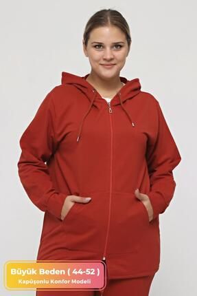Kadın Büyük Beden Kapüşonlu Fermuarlı Model 2 Cepli Uzun Kiremit Spor Günlük Sweatshirt Kırmızı