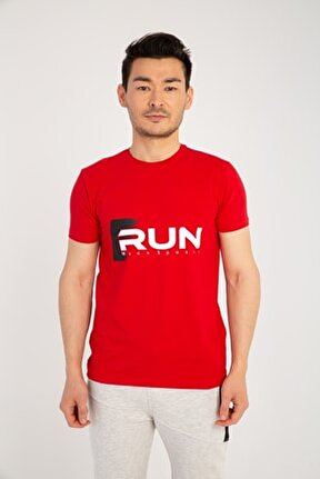 Erkek Kırmızı Run Baskılı T-shirt