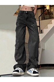 Touz Moda Siyah Nakışlı Retro Gothpunk Rock Bol Paça Pantolon