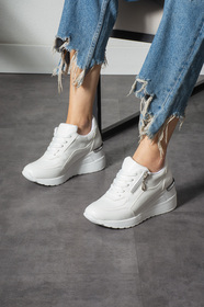 ★ayaka★ Ayax Beyaz Fermuarlı Bağcıklı Yüksek Topuklu Günlük Kadın Sneaker