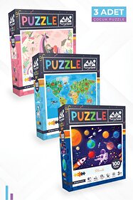 Neverland 3'lü Çocuk Puzzle - 100 Parça Unıcorn Ve Hayvan Dünya