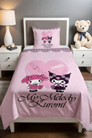 Evpanya Pembe Puantiyeli My Melody ve Kuromi Desenli Tek Kişilik