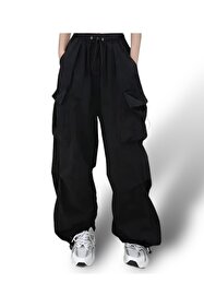 Touz Moda Siyah Nakışlı Retro Gothpunk Rock Bol Paça Pantolon
